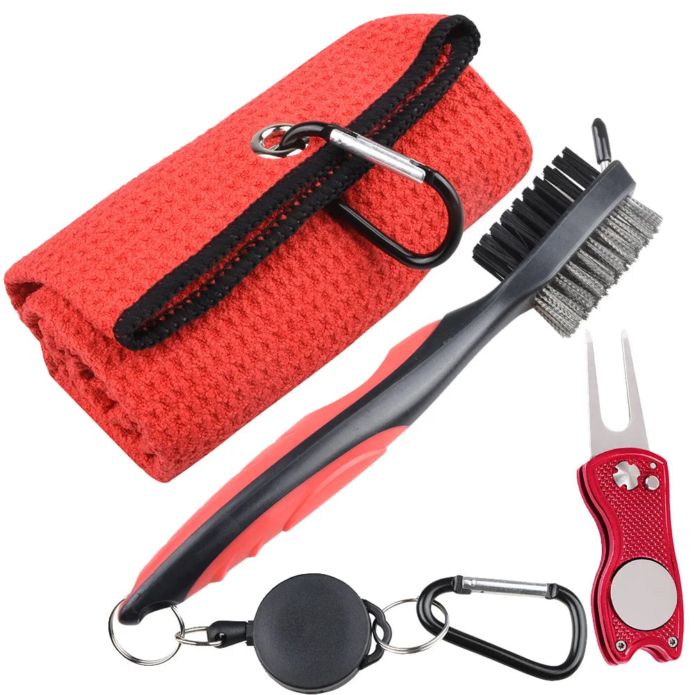 Golf Towel & Cleaning Brush Set – Microfiber Waffle Towel with Groove Cleaner and Turf Repair Tool