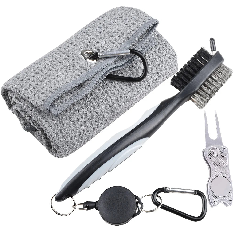 Golf Towel & Cleaning Brush Set – Microfiber Waffle Towel with Groove Cleaner and Turf Repair Tool