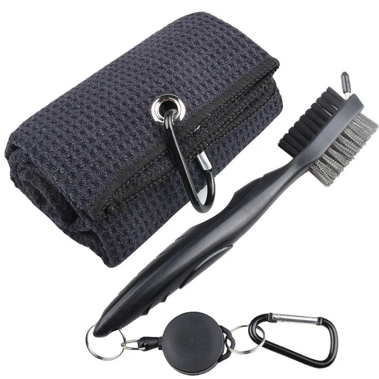 Golf Towel & Cleaning Brush Set – Microfiber Waffle Towel with Groove Cleaner and Turf Repair Tool